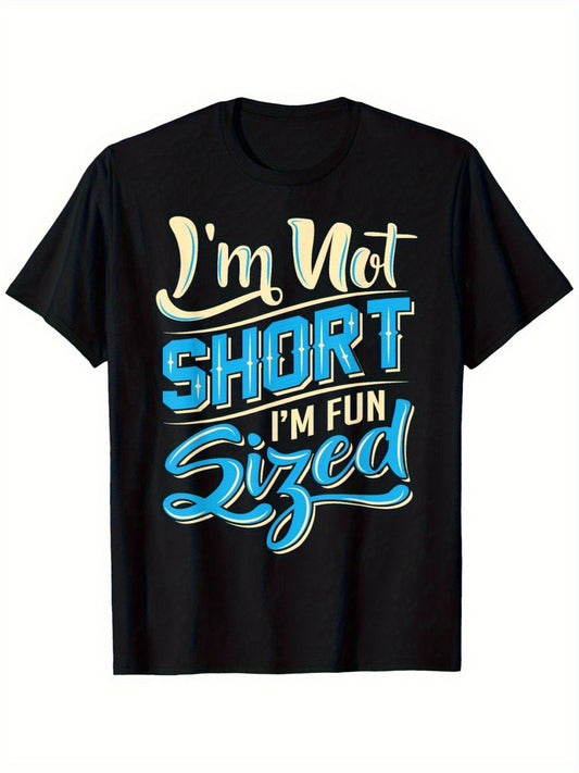 "I'M Not Short, I'M Funny Size" Humorous Graphic T-Shirt - Black Cotton T-Shirt with Blue And Yellow Lettering, Regular Fit Crew Neck Short Sleeve Shirt for Men And Women, Humorous Gift for Short People
