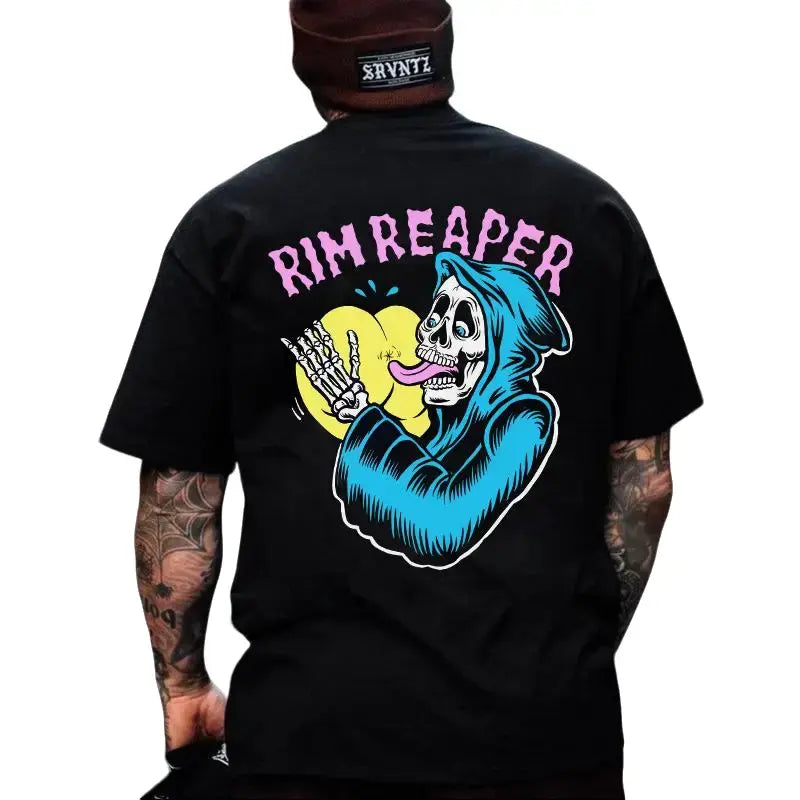 RIM REAPER Skull Graphics Mens Short-Sleeve Round Neck Streetwear T-Shirt - Soft Comfortable Fabric, Black Print, Casual Sports Top Apparel