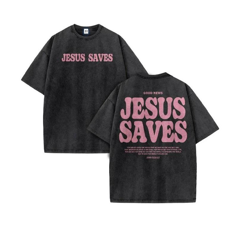 Women's Casual Christian Clothing Jesus Saves Print Acid Washed Cotton Top, Breathable Fabric Unisex Jesus T-Shirt, Shortsleeve, Tops, Layer,back to school,back to school shopping, Graphic Shirts
