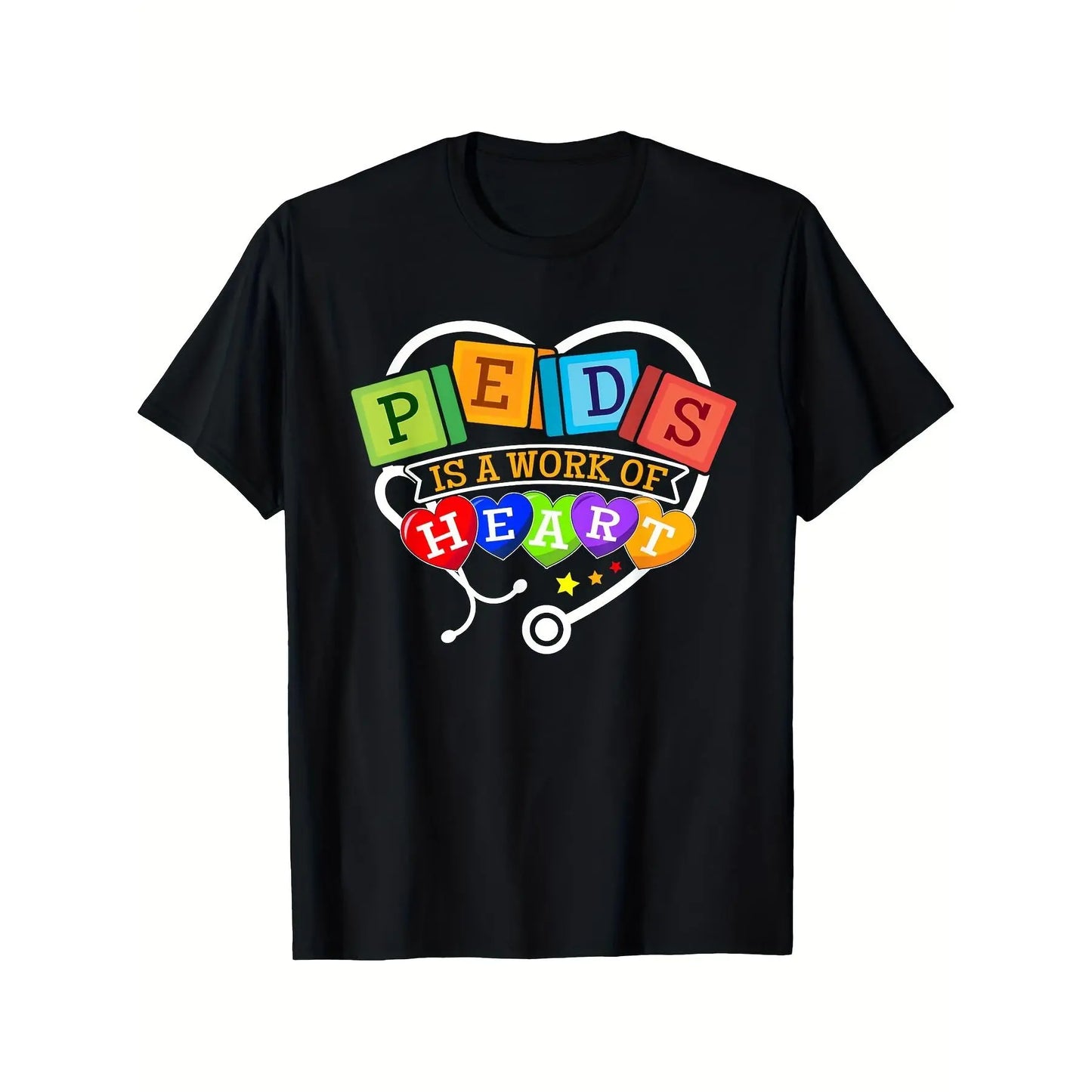 Men's Peds-Themed Medical Alphabet T-Shirt - Menswear Short-Sleeve Casual T-Shirt for Pediatric Nurses/Pediatricians, Heart-Inspired Lettering with Medical Symbols, Unisex Retro Round Neck Black Tee, Shortsleeve Top Tshirt
