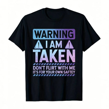 Men's Short-Sleeve Round Neck Funny Taken Husband Warning T-Shirt - Menswear - Don't Flirt with Me Graphic - Black with Red/White Caution Signs - Married Status Apparel - Regular Fit Casual - Machine Washable All-Season Top Tshirt