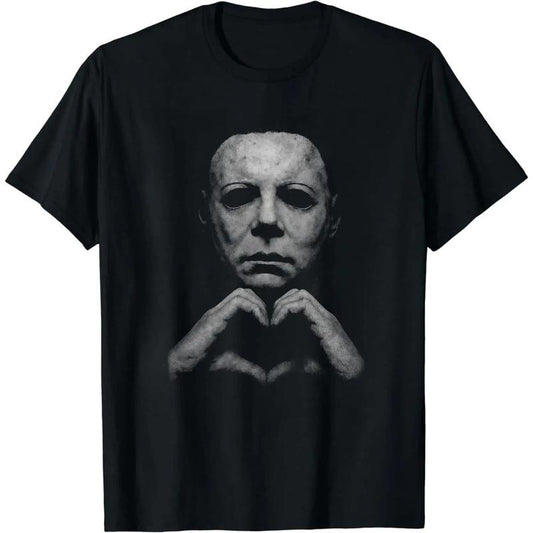Retro Slasher Horror Mask Graphic Top, Unisex Soft Smooth Seamless Fabric Crew Neck Tee, Halloween Horror‑Lover Autumn Winter Casual Apparel, Nice Holiday Gift for Men Women