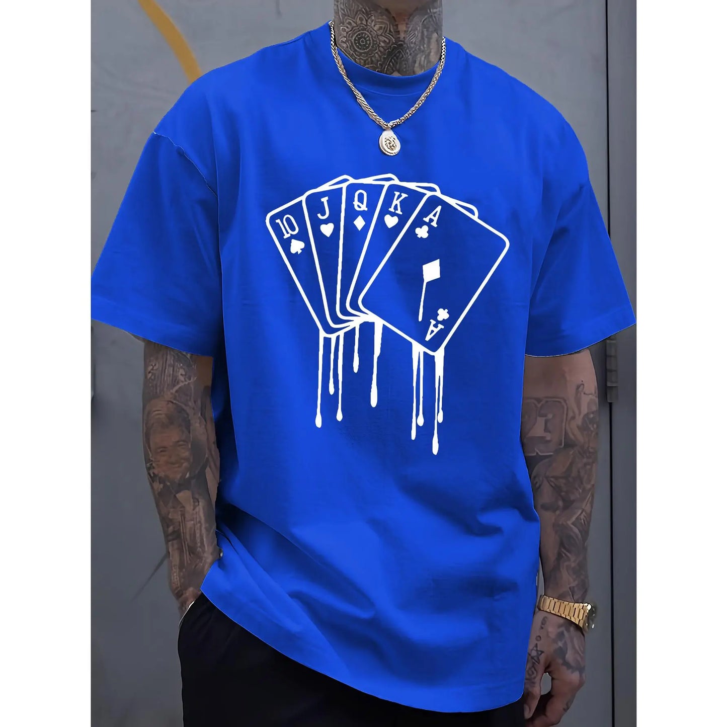 Men's Royal Blue Casual Cotton T-Shirt with Melted Playing Cards Graphic - Short Sleeve Summer Tee for Adults, Machine Washable, Cotton T Shirts