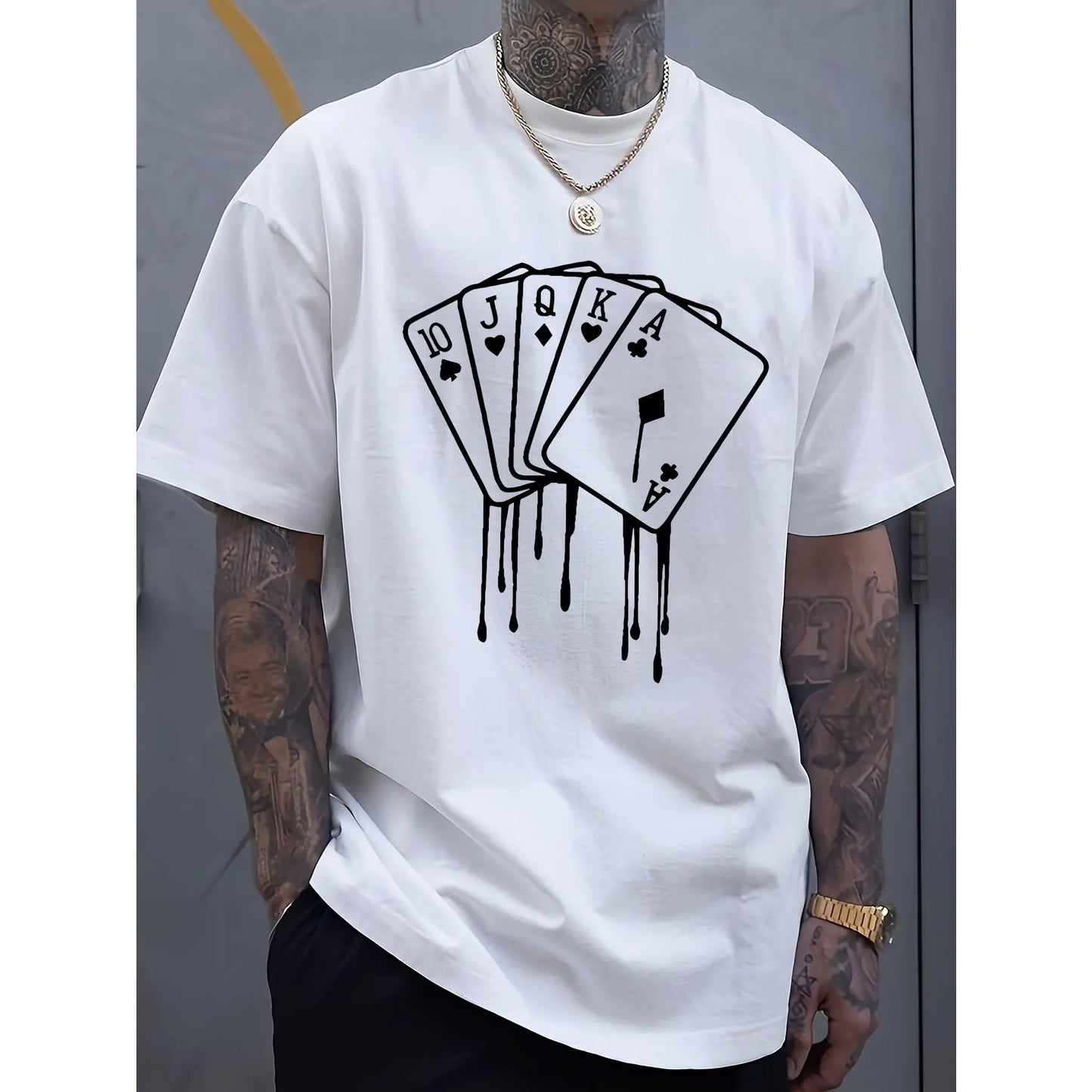 Men's Royal Blue Casual Cotton T-Shirt with Melted Playing Cards Graphic - Short Sleeve Summer Tee for Adults, Machine Washable, Cotton T Shirts