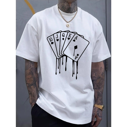 Men's Royal Blue Casual Cotton T-Shirt with Melted Playing Cards Graphic - Short Sleeve Summer Tee for Adults, Machine Washable, Cotton T Shirts