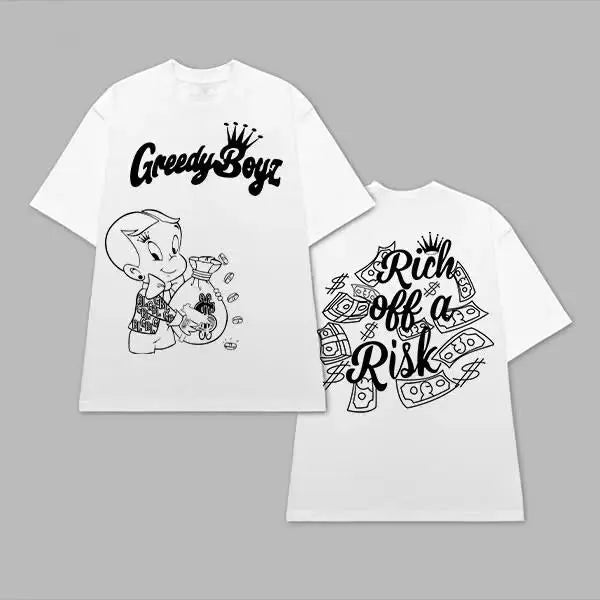 GreedyBoyz T-shirt - Casual Cotton Unisex Short Sleeve T-shirt with "Rich off a Risk" Design - Machine Washable - All Seasons - Classic StyleNovelty Graphic T Shirt funny tshirt Undershirts Tees Casual Streetwear Classic Plain Men's Women Cotton Moisture