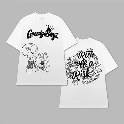 GreedyBoyz T-shirt - Casual Cotton Unisex Short Sleeve T-shirt with "Rich off a Risk" Design - Machine Washable - All Seasons - Classic StyleNovelty Graphic T Shirt funny tshirt Undershirts Tees Casual Streetwear Classic Plain Men's Women Cotton Moisture