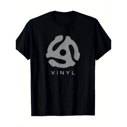 [Vinyl Record T-Shirt] Unisex 100%25 Cotton Vinyl Record Player Graphic T-Shirt |       Machine Washable, Black Tee With White Abstract Design, Perfect Gift For Men, Women, Mom, Dad & Friends Fitted Crewneck