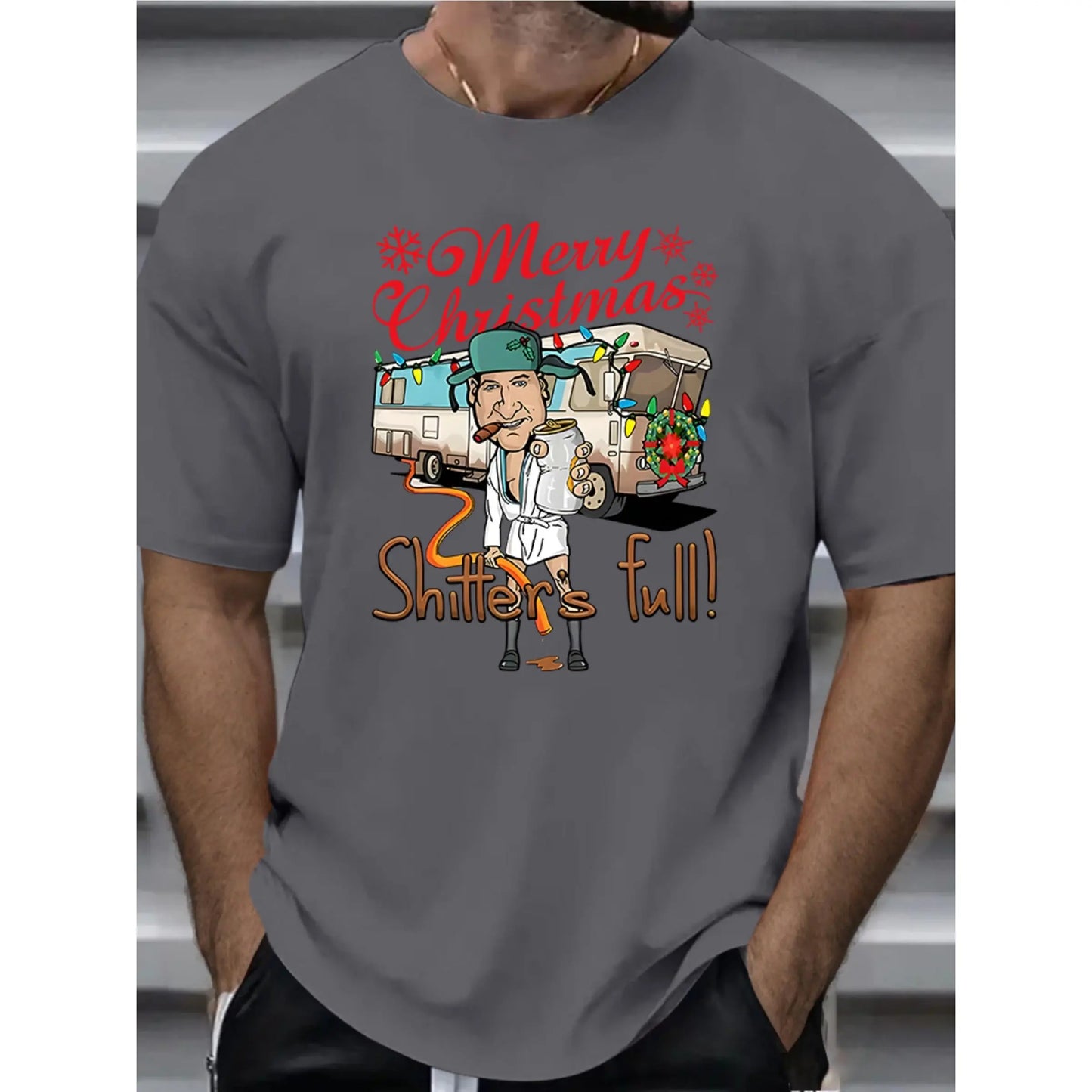 1pc Vintage Style Christmas Graphic Tee, Men'S Casual Plus Size T-Shirt with "Merry Christmas Shitter'S Full" Print, Polyester Knit Fabric, Round Neck, Loose Fit, Summer Season Top