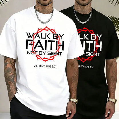 Men’s Christian faith graphic T-shirt, “Walk by faith not by sight” 2 Corinthians 5:7 Bible verse print, oversized short-sleeve casual streetwear tee for everyday wear, church and religious events,father'sdaygifts