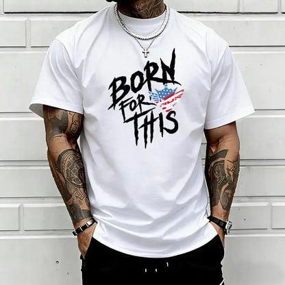 Men’s summer 100%25 cotton loose streetwear T-shirt, “Born for This” American flag skull graphic crew neck tee, edgy patriotic distressed short-sleeve top for everyday urban casual outfits