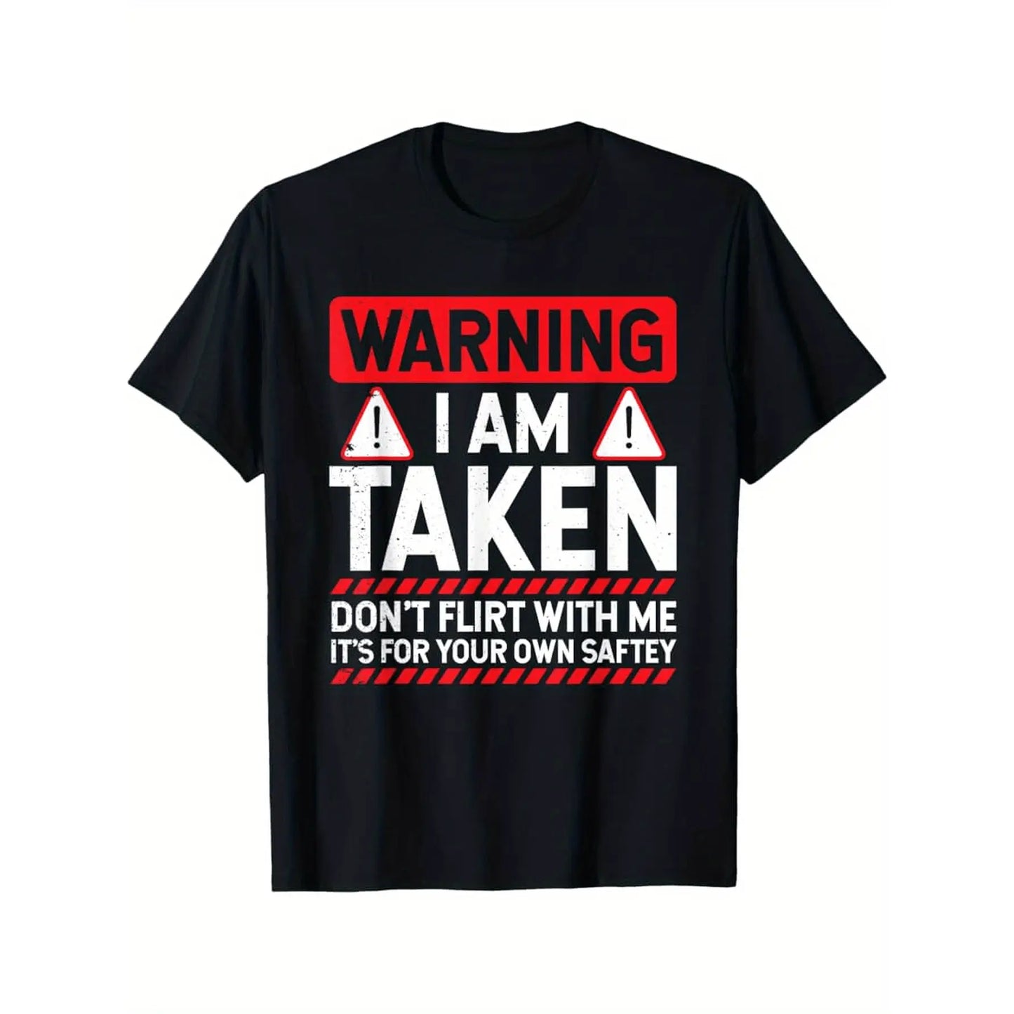 Men's Short-Sleeve Round Neck Funny Taken Husband Warning T-Shirt - Menswear - Don't Flirt with Me Graphic - Black with Red/White Caution Signs - Married Status Apparel - Regular Fit Casual - Machine Washable All-Season Top Tshirt
