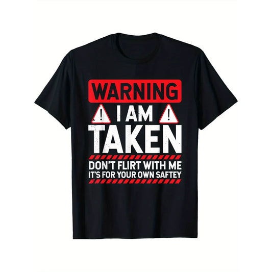 Men's Short-Sleeve Round Neck Funny Taken Husband Warning T-Shirt - Menswear - Don't Flirt with Me Graphic - Black with Red/White Caution Signs - Married Status Apparel - Regular Fit Casual - Machine Washable All-Season Top Tshirt