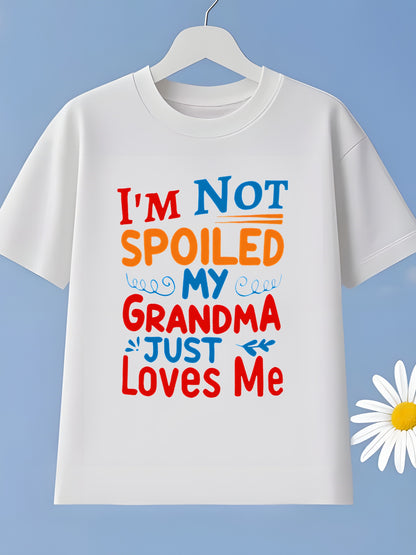 Boys' Fashion 'I'M Not Spoiled, My Grandma Loves Me' Monogram Print Short Sleeve T-Shirt, Comfortable Breathable Fabric for Sports & Casual Wear, Fun Print, Lightweight Pattern, Comfortable Summer Dress, Machine Washable Short Shirt