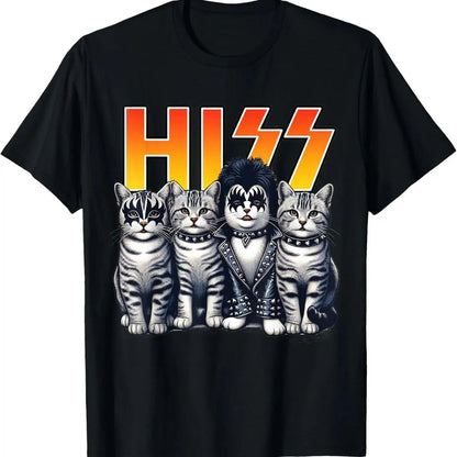 Women's Cute Hiss Cats Rock Graphic T-Shirt - Relaxed Oversized Crewneck, Classic Breathable Cotton Shortsleeve, Unisex Casual Top for Cat Lovers