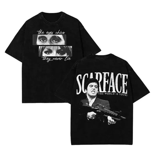 Scarface Graphic Washed Tee For Men Stylish Black Short Sleeve Crew Neck Summer T-Shirt With Iconic Portrait Design Comfortable Polyester Fabric Machine Washable Casual Wear t-shirt casual menswear Snowman Chill Out T-shirt washed pure cot