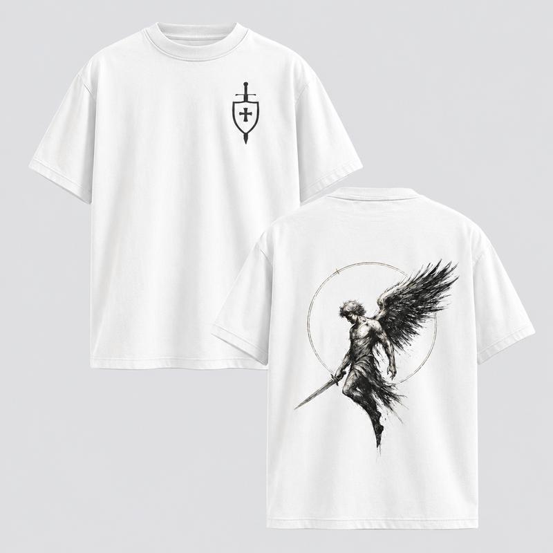 Men's Acid Washed Grunge Cotton Top - Crew Neck Graphic Tee with Sanctus Michael Archangel Print, Flaming Sword, Shield, Scales of Justice - Christian Religious Apparel for Halloween, New Year