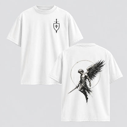 Men's Acid Washed Grunge Cotton Top - Crew Neck Graphic Tee with Sanctus Michael Archangel Print, Flaming Sword, Shield, Scales of Justice - Christian Religious Apparel for Halloween, New Year
