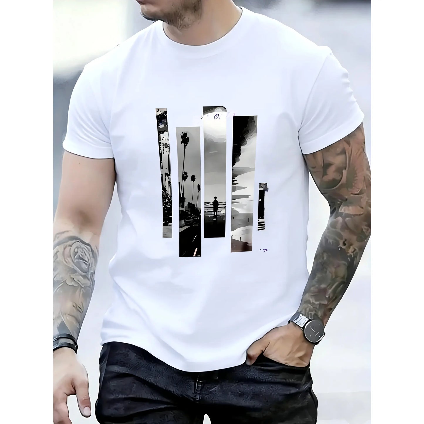 Men'S Stylish Graphic T-Shirt - , Short Sleeve Crew Neck, Comfort Fit for All Seasons, Casual Streetwear with Palm Tree & "In Your Big World" Design, Everyday Tshirt |         Bold Graphic Tee |         Smooth Texture Fabric graphic tee