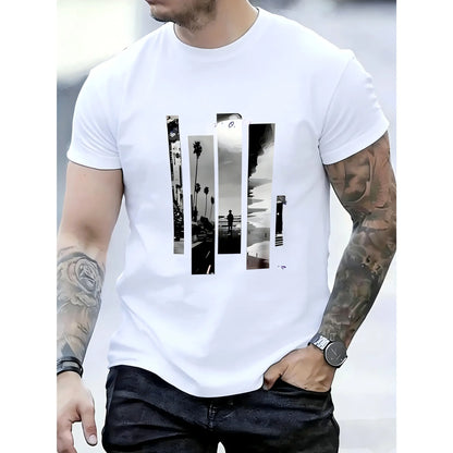 Men'S Stylish Graphic T-Shirt - , Short Sleeve Crew Neck, Comfort Fit for All Seasons, Casual Streetwear with Palm Tree & "In Your Big World" Design, Everyday Tshirt |         Bold Graphic Tee |         Smooth Texture Fabric graphic tee