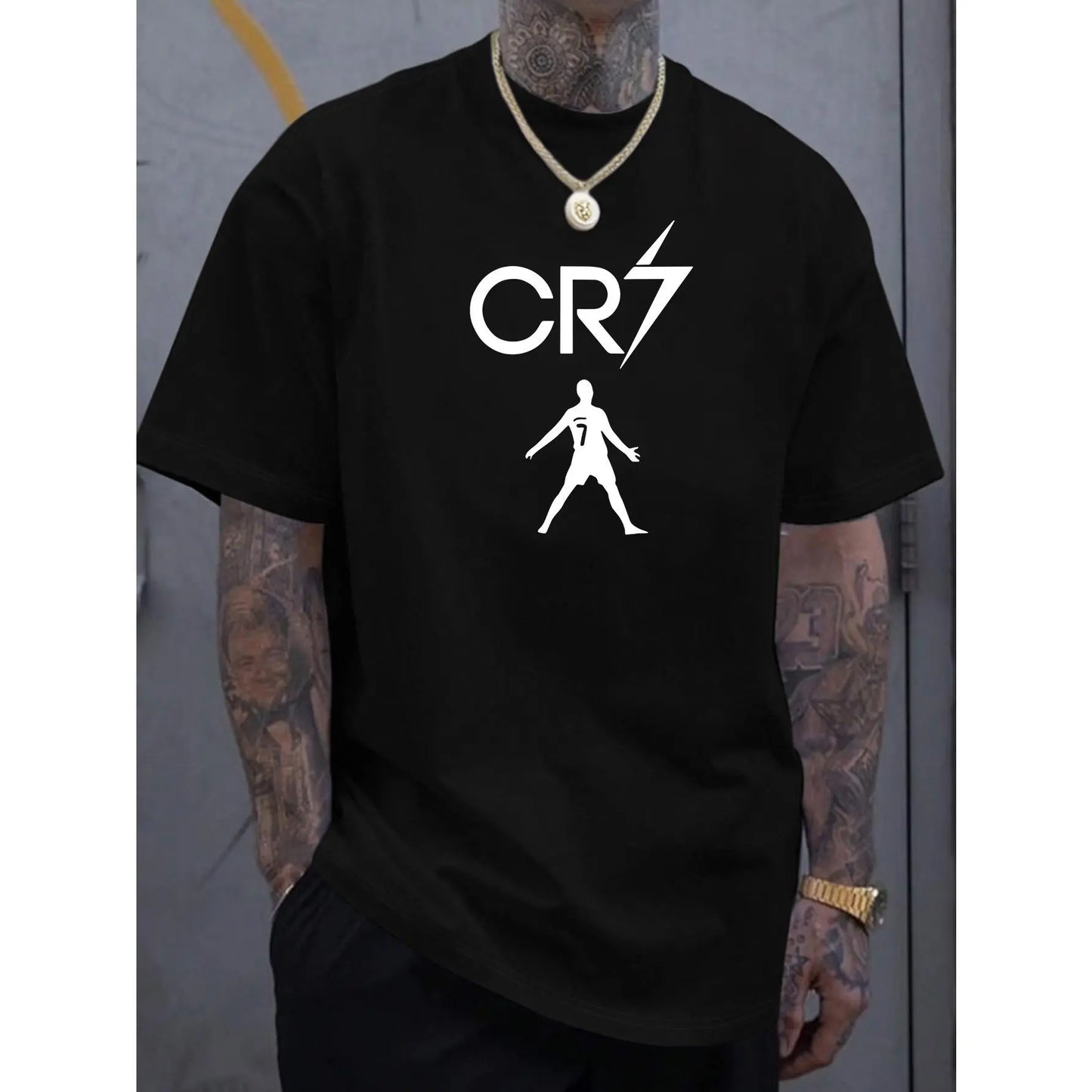 Men'S Casual Fashion Short Sleeve T-Shirt with CR7 Print, Polyester, Lightweight, Regular Fit Crew Neck, Comfortable Elastic Summer Tee, Casual Daily Style, Ideal Gif
