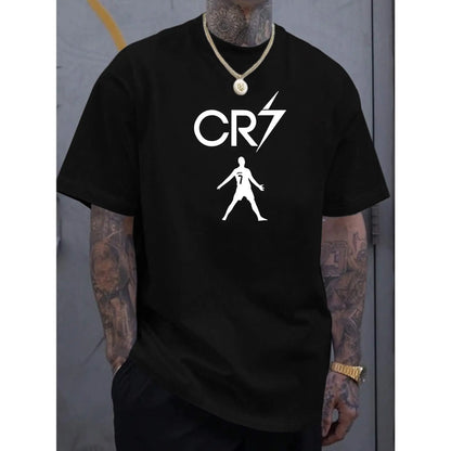 Men'S Casual Fashion Short Sleeve T-Shirt with CR7 Print, Polyester, Lightweight, Regular Fit Crew Neck, Comfortable Elastic Summer Tee, Casual Daily Style, Ideal Gif
