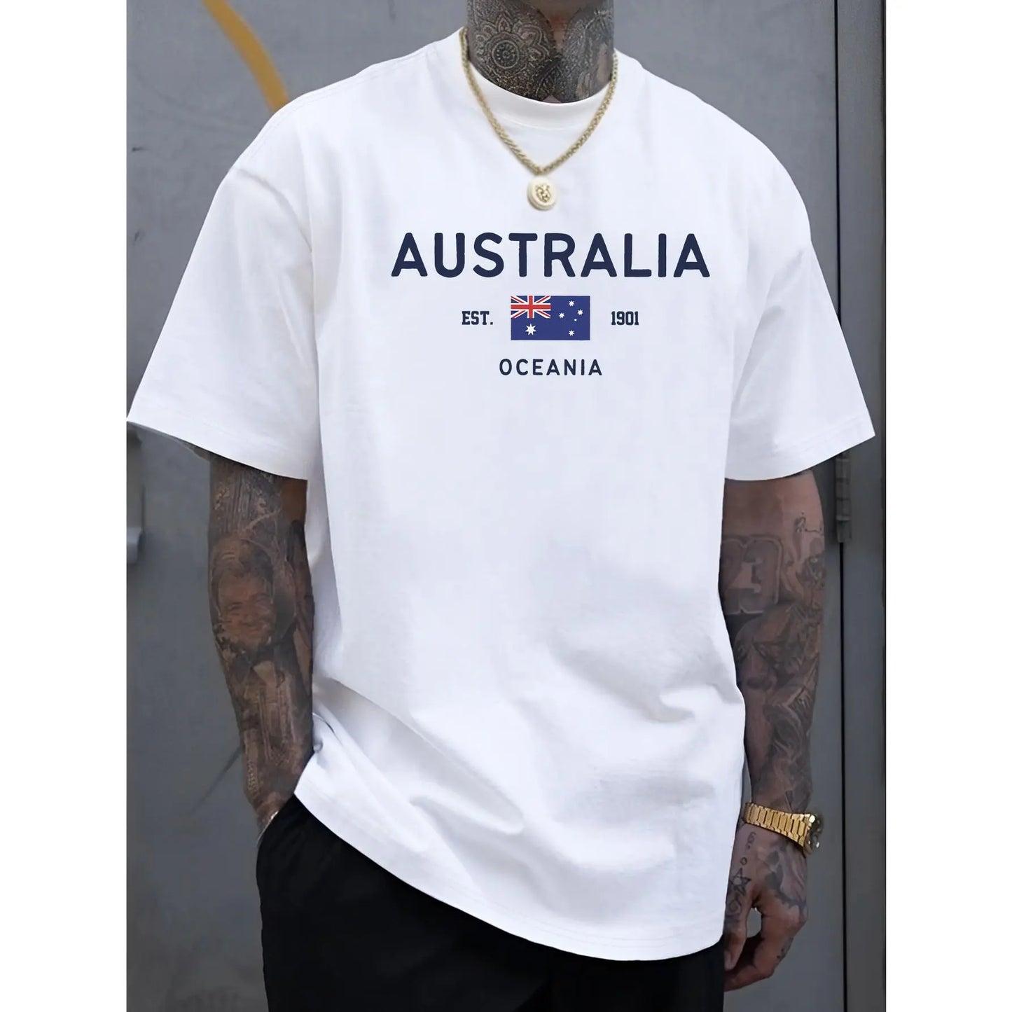 Men's Australia Graphic T-Shirt with Flag & Map Print - White Casual Short Sleeve Round Neck Tee Featuring "EST. 1901 Australia Oceania" Lettering - Breathable All-Season Comfort for Everyday & Australian-Themed Events