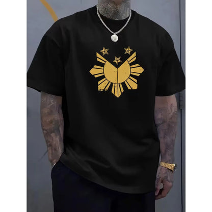 1pc Men'S Summer Casual T-Shirt, Philippines Sun And Stars Patriotic Print, 100%25 Soft Ribbed Crew Neck, Slight Stretch Regular Fit, Casual Attire And Trendy Style, Comfortable Fabric