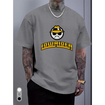 Men'S Lowrider Graphic T-Shirt - Bold Yellow Lettering & Smiling Character Print, Breathable Round Neck Casual Tee for Spring/Summer, Outdoor & Casual Attire - Lowrider Culture Apparel for Adults, Lowrider, Racing Shirt For Men, Car Shirt For Men, Graphic