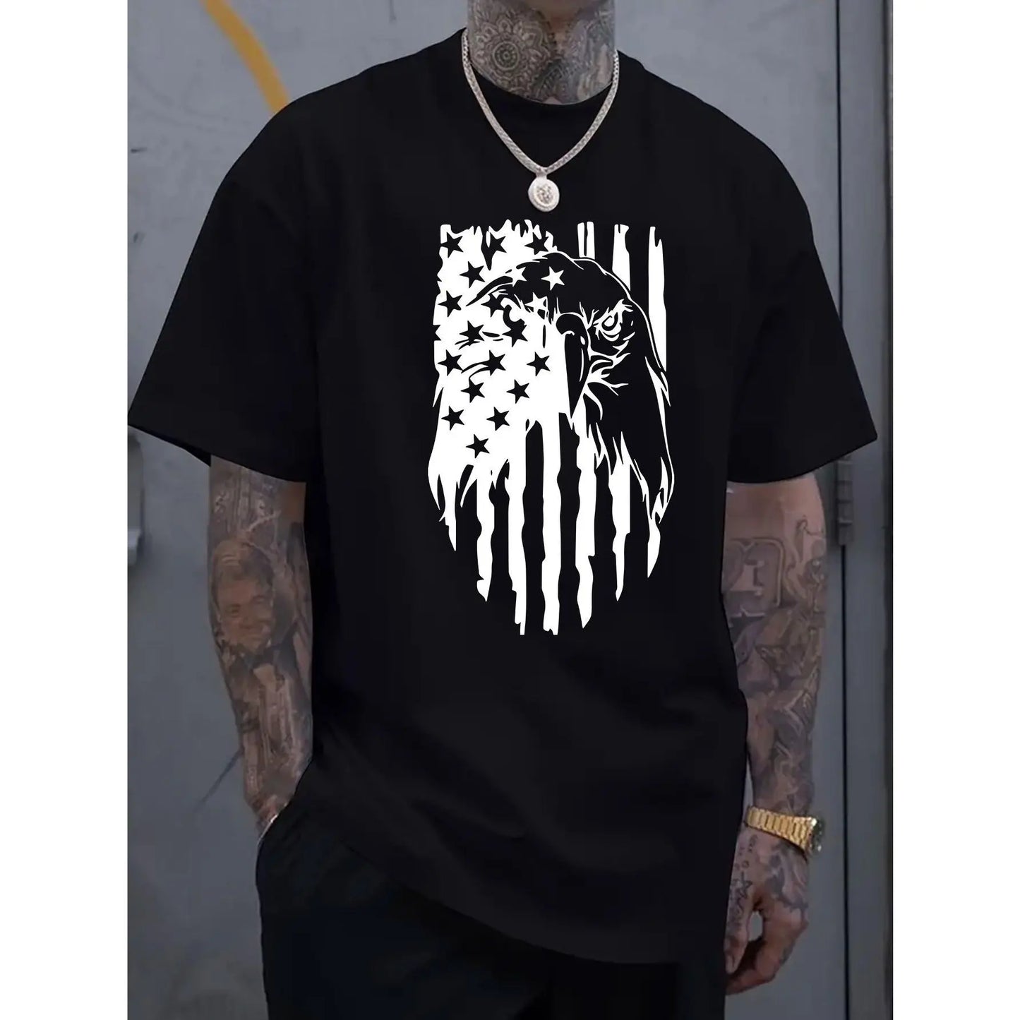 Men's American Flag Eagle Print T-Shirt, 100%25 Cotton Crew Neck Short Sleeve Tee, Casual All-Season Knit Fabric Top, Breathable Comfort Fit for Sports & Leisure, Leisure Clothing | Patriotic Apparel | Stretchable Material