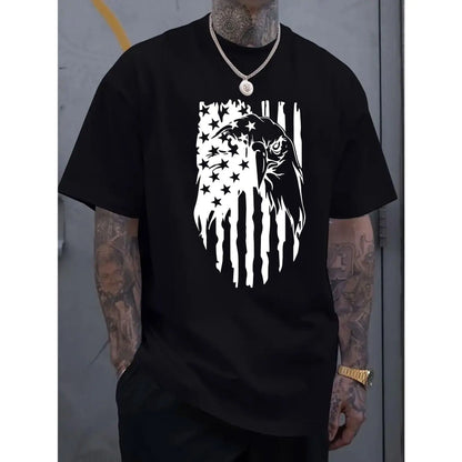 Men's American Flag Eagle Print T-Shirt, 100%25 Cotton Crew Neck Short Sleeve Tee, Casual All-Season Knit Fabric Top, Breathable Comfort Fit for Sports & Leisure, Leisure Clothing | Patriotic Apparel | Stretchable Material