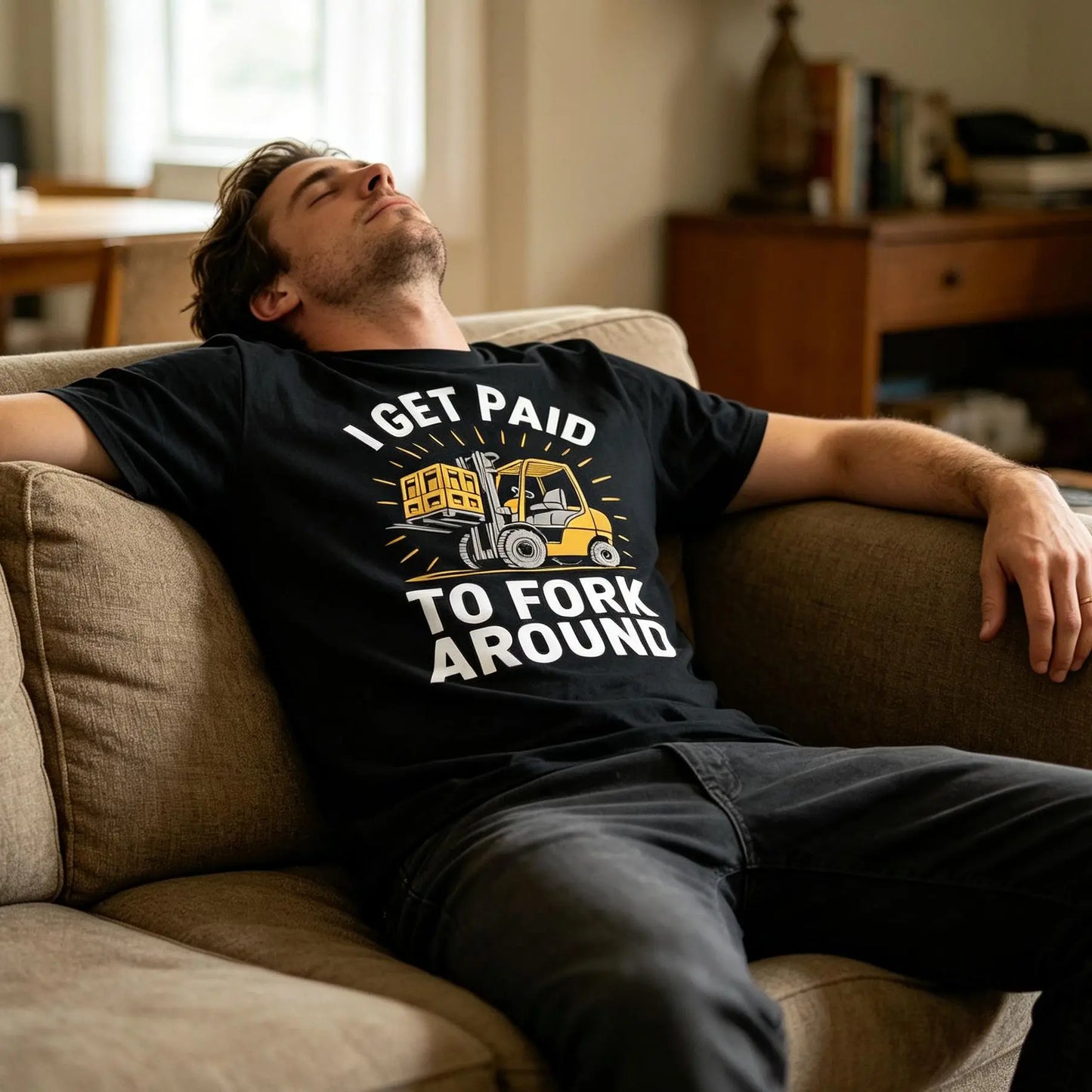 Unisex Heavy Industry Graphic T-Shirt - Forklift Truck Driver "I Get Paid to Fork Around" Print, Black with Yellow Forklift Design, Soft Breathable Cotton, Men's Industrial Workwear Tee for Warehouse, Construction