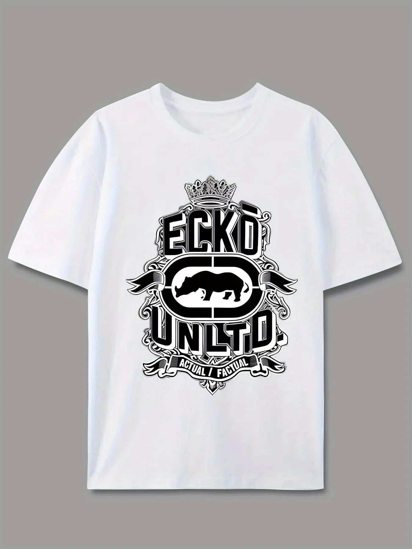 A men's casual white T-shirt with a black print of "ECKO UNITO" - made of lightweight polyester blend fabric, short sleeves, round neck, suitable for summer outdoor activities.
