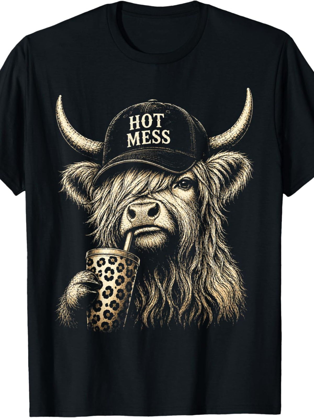 Men' And Women'S Funny Highland Cow Coffee T-Shirt - Scottish Cow Print Graphic Tee Suitable for Coffee Lovers, Casual Round Neck Shirt Casual Attire, Washable Apparel, Year-Round Outfits