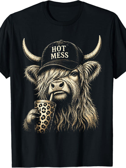 Men' And Women'S Funny Highland Cow Coffee T-Shirt - Scottish Cow Print Graphic Tee Suitable for Coffee Lovers, Casual Round Neck Shirt Casual Attire, Washable Apparel, Year-Round Outfits