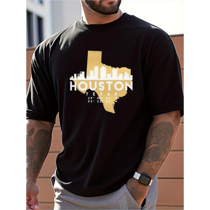 Men's Houston Texas Cityscape Graphic T-Shirt - 100%25 Cotton Loose Fit Casual Tee with Skyline & Texas Outline Print, Breathable Summer Shirt for Travel, Outdoor & Daily Wear - Machine Washable Gift Idea, Pure Cotton Shirt