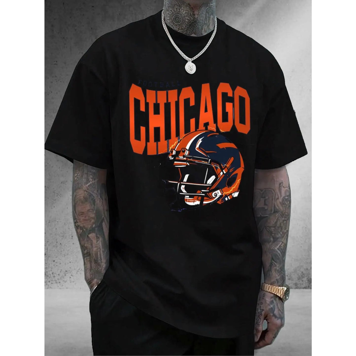 Men'S Chicago Football Helmet Graphic T-Shirt - 100%25 Cotton, Unisex Sports Fan Apparel, Comfortable Fit, Perfect for Casual Outfits & Team Spirit, Casual Wear | Chicago Theme | Durable Cotton