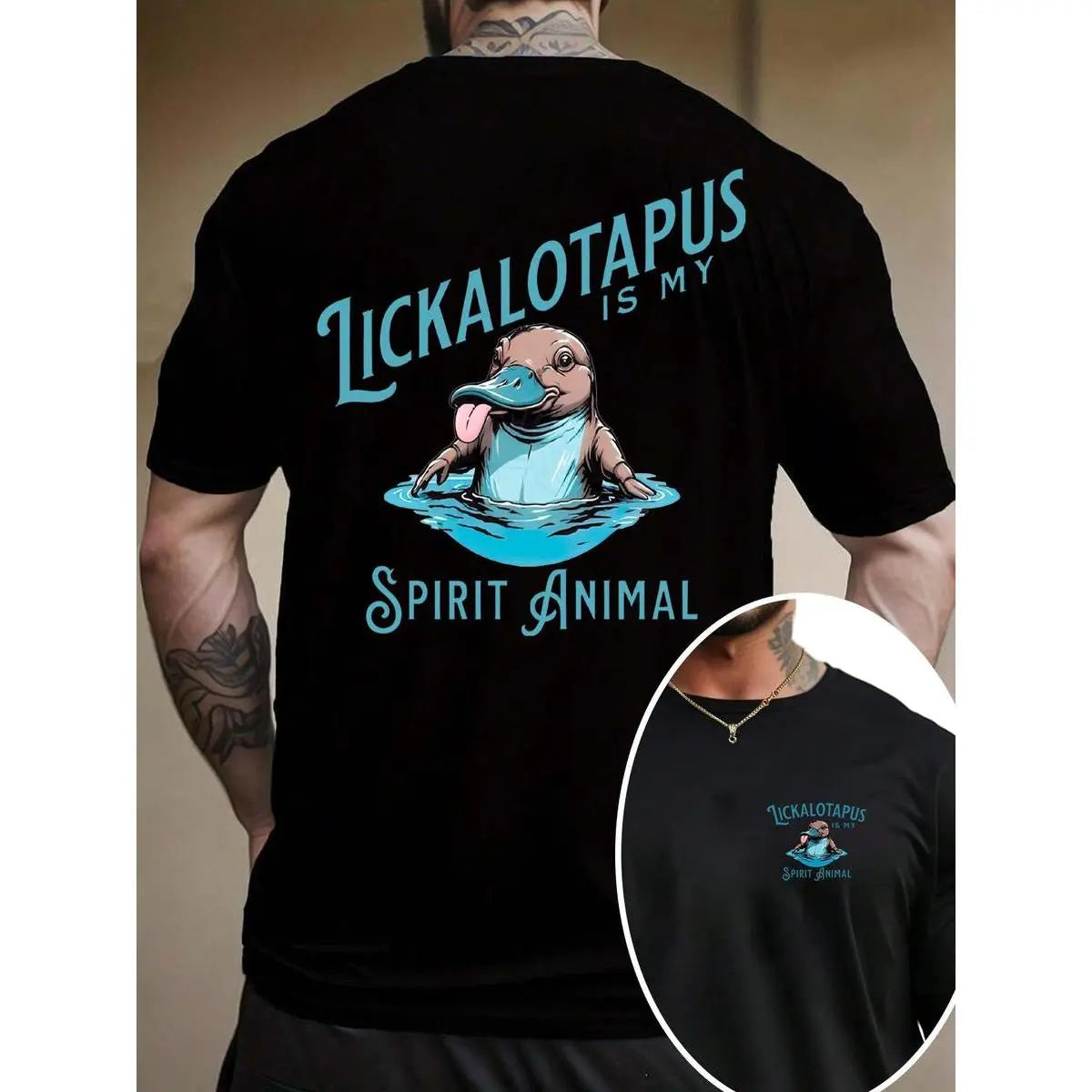 Men's Cartoon Lickalotapus Print Round Neck Tee, Regular Fit Casual Short Sleeve T-shirt, Men's Summer Top for Daily Wear, Tropical Tshirt Streetwear Relaxed Fit Apparel Soft Soft