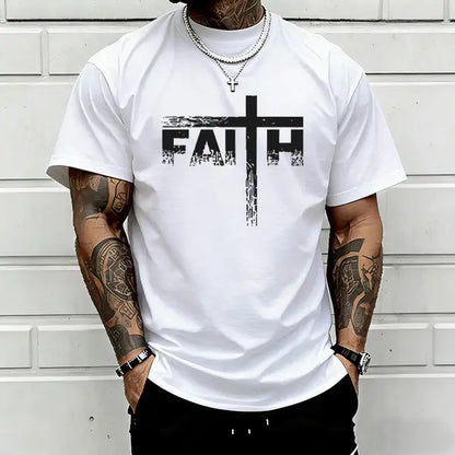 Men’s oversized faith cross T-shirt, Christian religious graphic print, casual black crewneck tee for young believers and streetwear lovers, Shortsleeve, Menswear tiktokshopspringglowup
