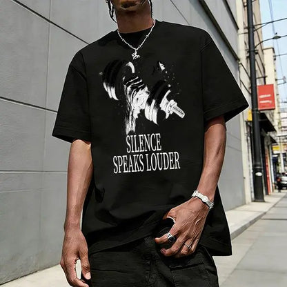 Men’s 100%25 cotton loose-fit fitness graphic T-shirt, TikTok trend 2025, dumbbell street-style design, relaxed oversized urban casual short sleeve—an absolute must-buy under $10., Shortsleeve, Stylish, Menswear, Round Neck
