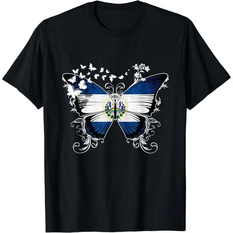 Women's 100%25 Cotton Vintage Distressed Shortsleeve Round Neck El Salvador Flag T-Shirt with Butterfly Graphic - Everyday Casual Streetwear Top, Women's Clothes