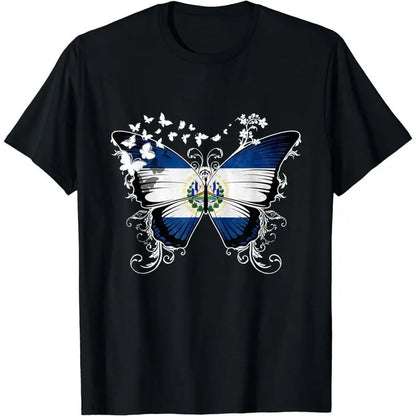 Women's 100%25 Cotton Vintage Distressed Shortsleeve Round Neck El Salvador Flag T-Shirt with Butterfly Graphic - Everyday Casual Streetwear Top, Women's Clothes