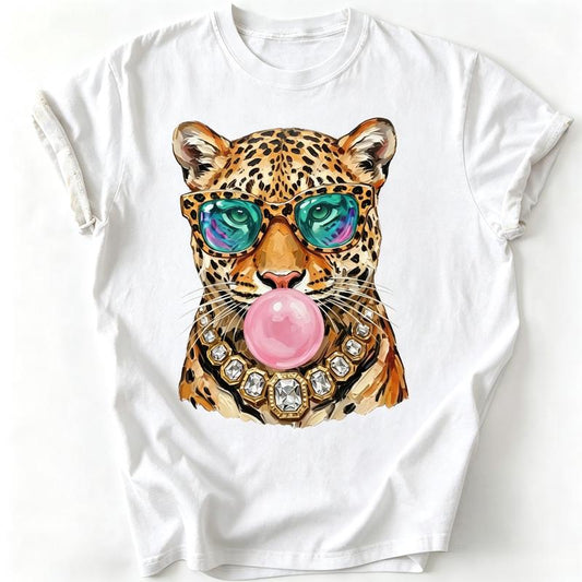 [Graphic Tee]Women's Retro Leopard Print Animal Theme T-Shirt - Short Sleeves, Round Neck, Big Cat Graphic, Summer Casual Top