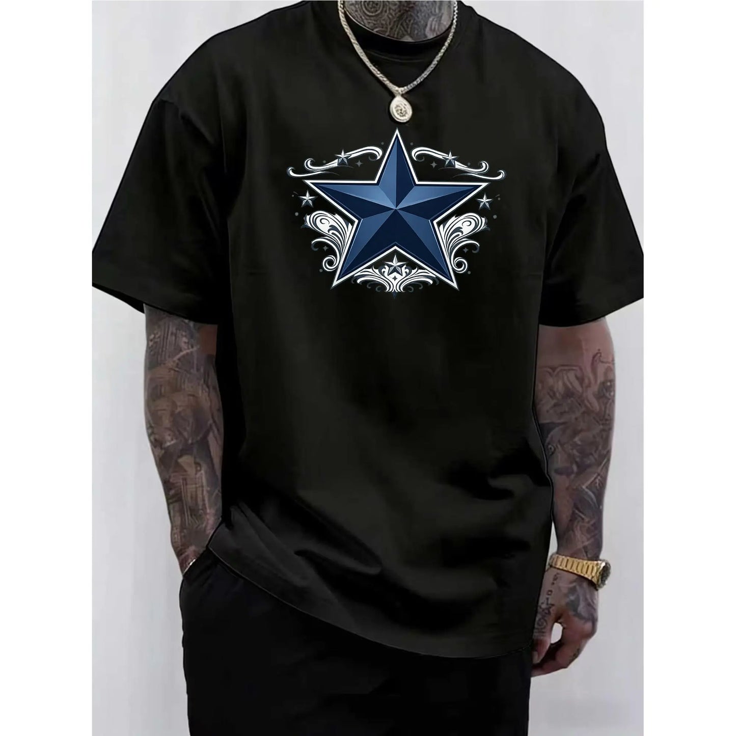 Dark Star Simplicity, Highly Adaptable for Workout Sessions, Designed with a Patterned Round-Neck T-Shirt for Men