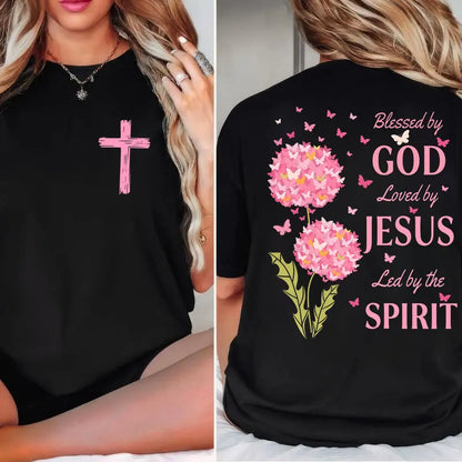 Blessed By God, Loved By Jesus, Led By The Spirit 2 Siđed Tee Pure Cotton Casual Street Style Crew Neck Short Sleeve T-Shirt Tops Trendy for Women