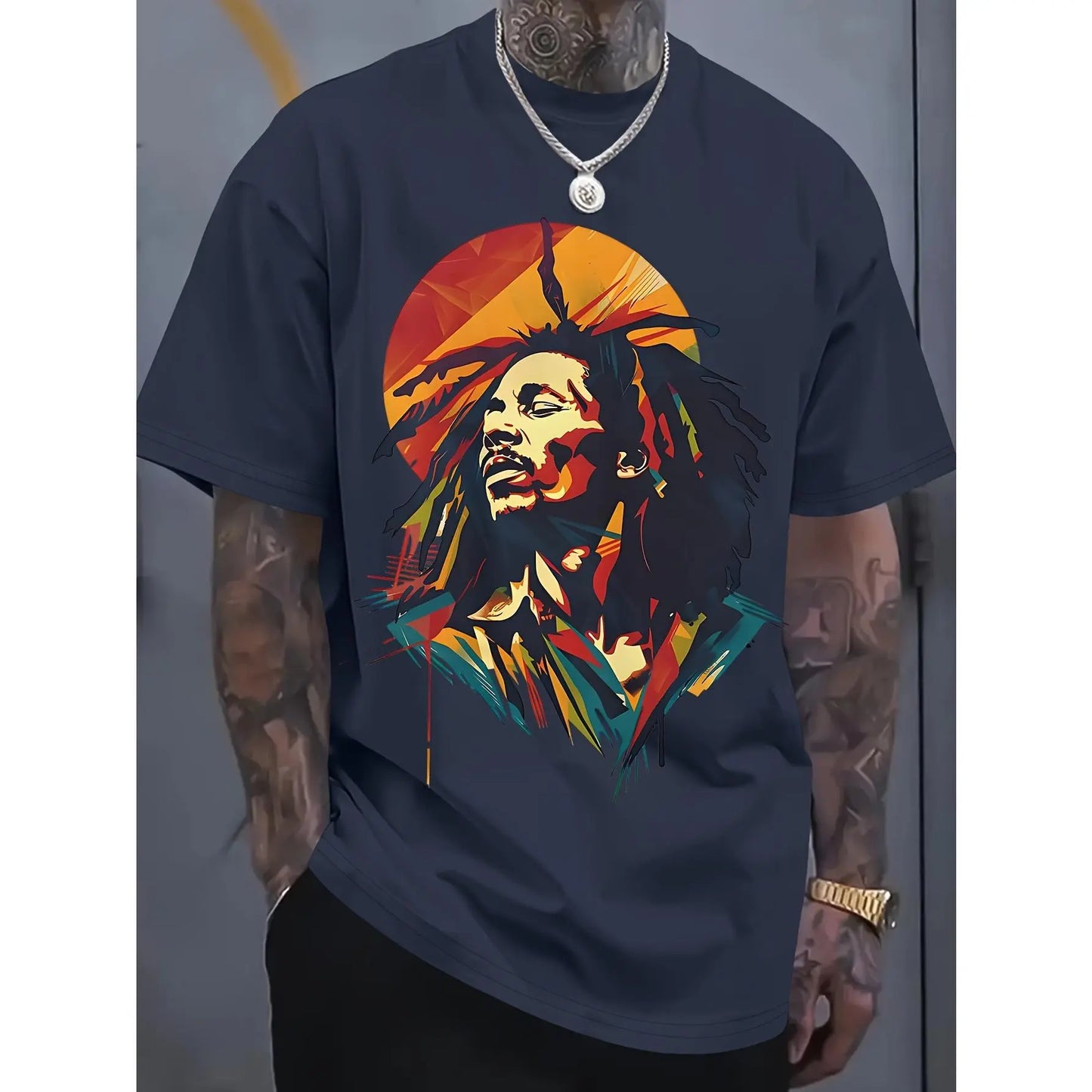 Men's Reggae Music Themed T-Shirt with Dreadlock Character Print - Breathable Fabric, Casual Short Sleeve Round Neck Top Suitable for Summer, Concerts & Festival Wear