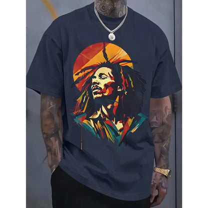 Men's Reggae Music Themed T-Shirt with Dreadlock Character Print - Breathable Fabric, Casual Short Sleeve Round Neck Top Suitable for Summer, Concerts & Festival Wear