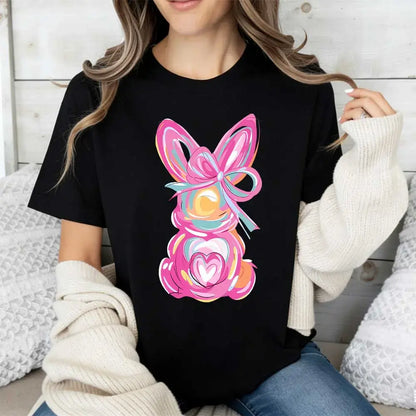 Women Casual Round Neck Short Sleeve T-Shirt White Easter Bunny With Pink Bow And Colorful Swirls Print For Spring Festival And Holiday Wear