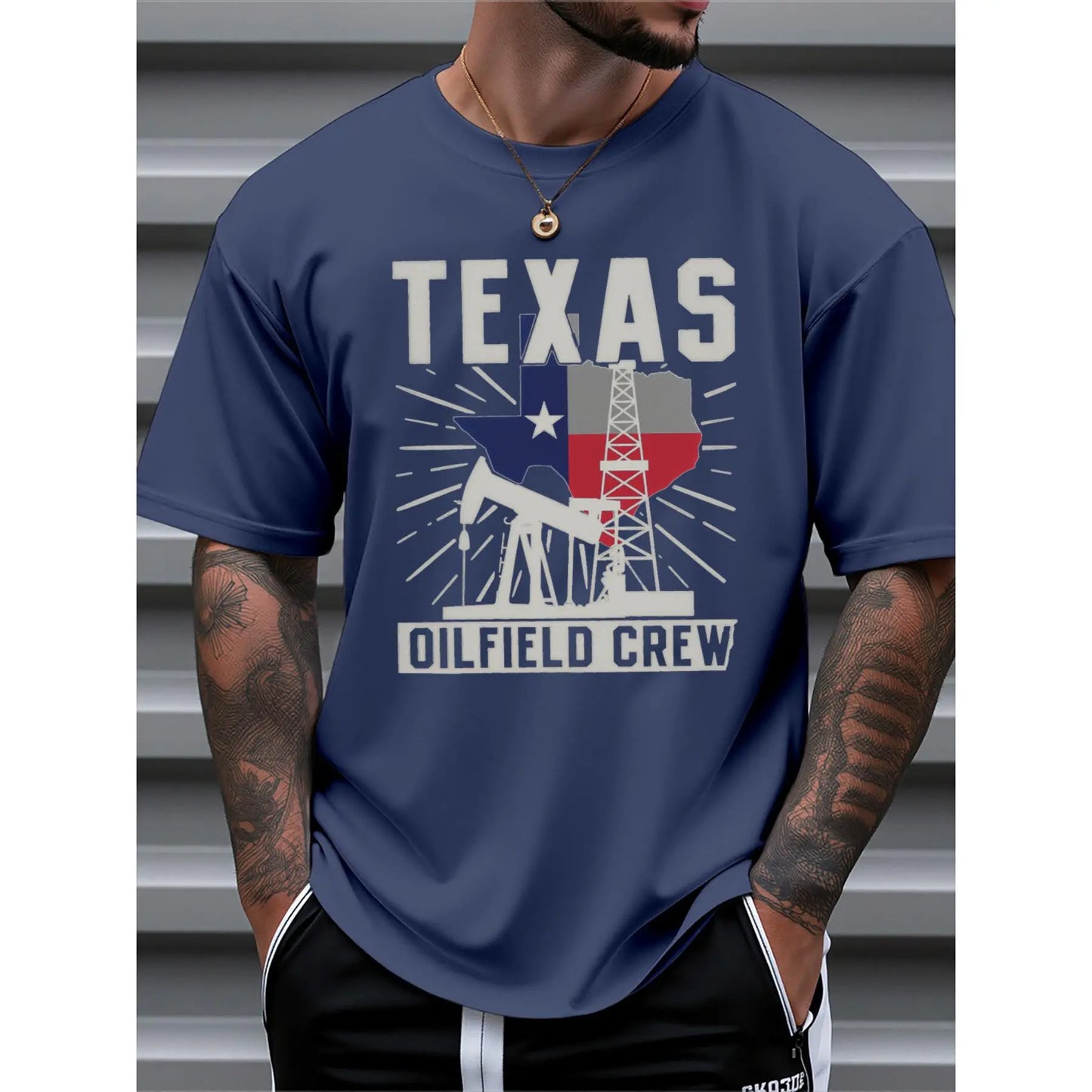 Men's Texas Oilfield Crew Graphic T-Shirt - 100%25 Cotton Casual Short Sleeve Tee with State Flag & Oil Derrick Print, Regular Fit Workwear for Summer, Machine Washable, Outdoor Clothing, Breathable Fabric