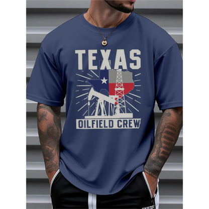 Men's Texas Oilfield Crew Graphic T-Shirt - 100%25 Cotton Casual Short Sleeve Tee with State Flag & Oil Derrick Print, Regular Fit Workwear for Summer, Machine Washable, Outdoor Clothing, Breathable Fabric